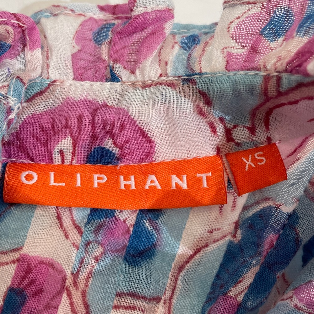 Oliphant Pintuck Ruffle Top Blouse XS 100% Cotton Pink Blue Print EUC - Picture 7 of 12